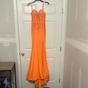 Orange Beaded Spaghetti Strap Prom Dress